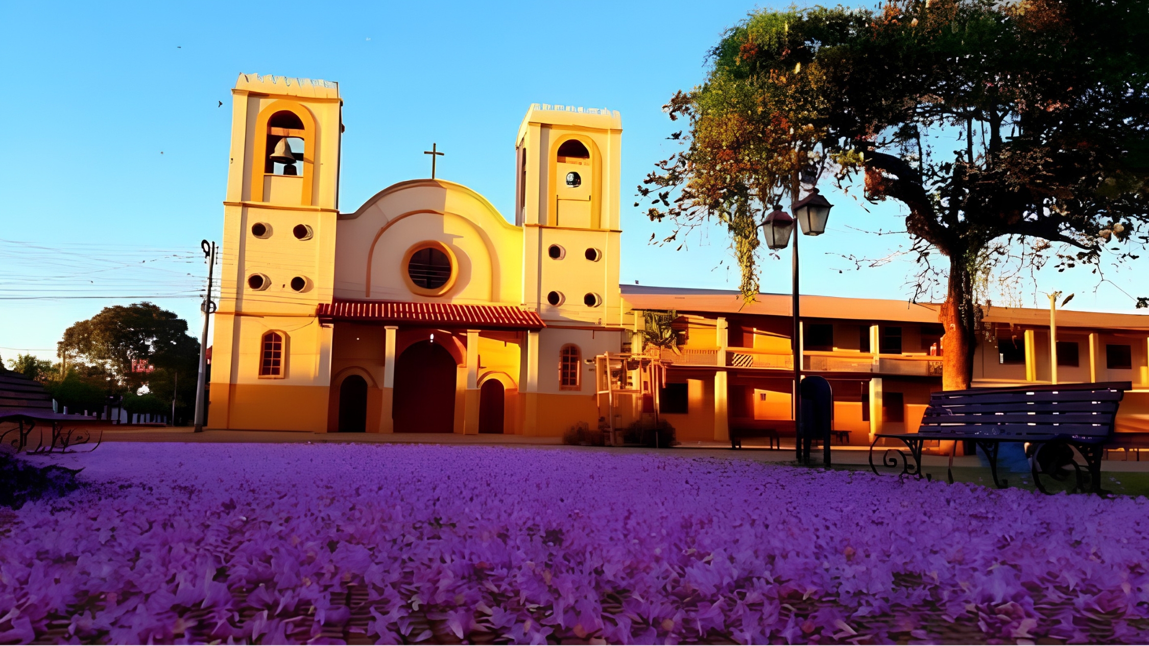Iglesia de Magdalena con alfombra de flores de tajibo